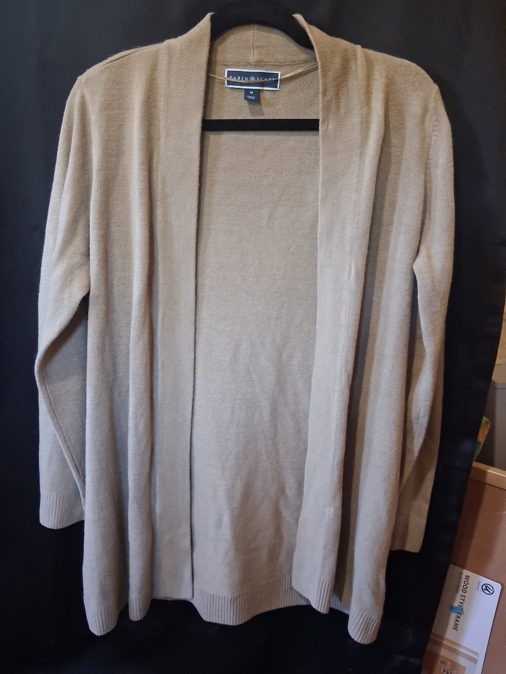 Karen Scott Open-Front Long Cardigan in Beige
